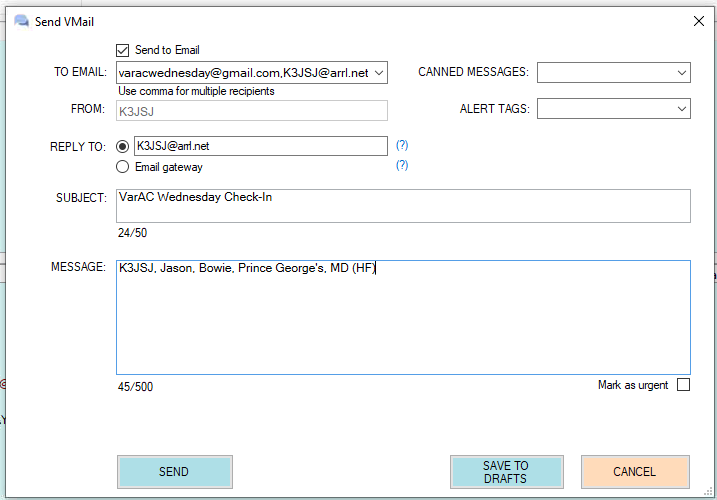 Example check-in message
